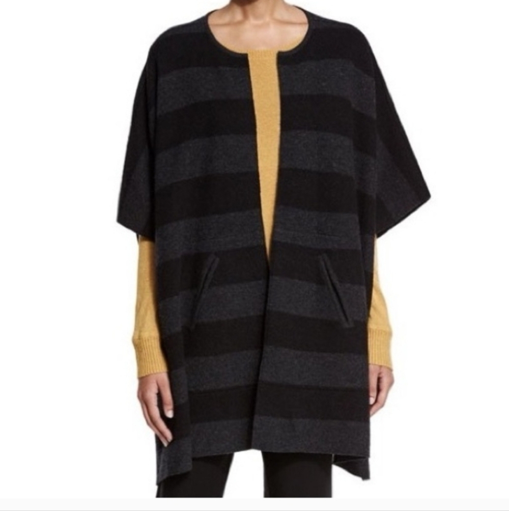 EILEEN FISHER EUC WOOL BLEND CARDIGAN OPEN PONCHO size M/L w/ POCKETS